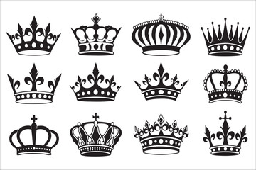 Collection of royal crown designs in black and white silhouette
