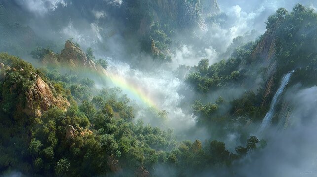 Misty mountain landscape with dense green forest, rocky cliffs, and a rainbow emerging through ethereal fog and soft filtered light - Powered by Adobe