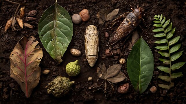 Close-up of diverse natural elements including leaves, insect pupae, seeds, and dried pods arranged on rich dark soil with textured earthy tones