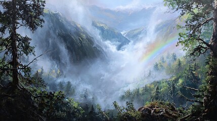 Misty Mountain Valley Framed by Tall Forest Trees with Vibrant Rainbow Arc