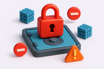 Obraz premium Colorful 3D illustration featuring a red padlock on a blue safe with caution symbols.