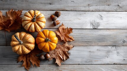 Overhead composition of pumpkins and maple leaves in natural light.