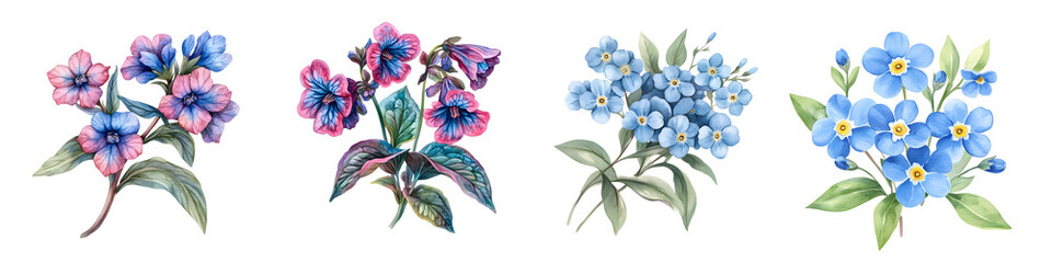 Watercolor bouquets of pink blue flowers and delicate blue forget me nots isolate