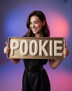 Woman holding a tray of pookie letters with a bright smile on face