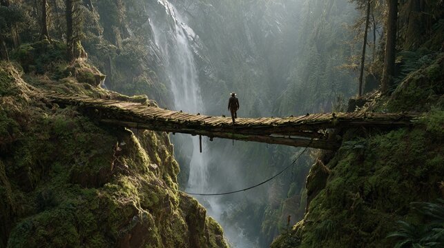 Rustic wooden suspension bridge over deep green gorge with cascading waterfall and dense misty forest wilderness background