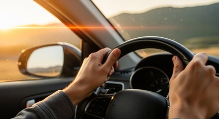 Hands on the Wheel: Capturing the essence of driving, a close-up shot focuses on hands firmly gripping the steering wheel. The road ahead beckons under a sun-kissed sky.