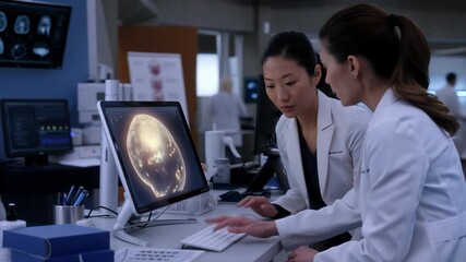 Two female doctors are collaborating on a medical diagnosis, carefully analyzing a 3d brain scan displayed on a computer screen in a modern hospital environment - Powered by Adobe
