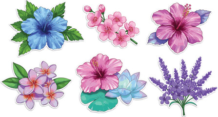 Tropical flower sticker set, vibrant hibiscus, cherry blossom, lavender, frangipani, colorful floral illustrations, botanical clipart, summer decoration, nature elements