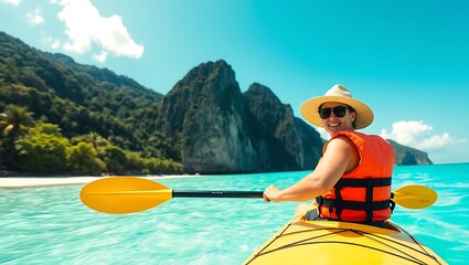 A woman kayaking in turquoise water with islands and a sandy beach in the background on a sunny day