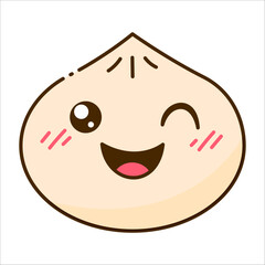 Cute Baozi Character with Happy Smiling Face Winking Isolated on White. Traditional Chinese Dumpling Outline Character Illustration