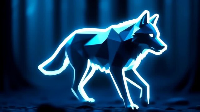 Neon blue polygonal wolf silhouette in a dark forest