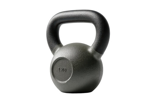 Isolated iron kettlebell with black handle and visible 1 kg marking