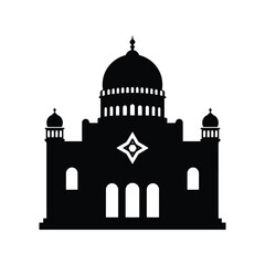 Silhouette of a traditional mosque building featuring a large central dome and minarets vector