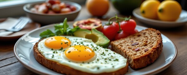 nutritious breakfast platter with eggs avocado whole grain toast and fruit, cinematic realism, soft light, emphasizing fiber protein vitamins minerals and healthy fats for holistic health.