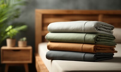 Cozy Bed with Neatly Stacked Sheets on Wooden Bed Frame