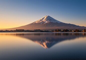 Naklejka premium The iconic Mount Fuji in Japan, captured across seasons: with cherry blossoms in spring, snow-covered peak in winter, glowing sunset reflections on lakes. A perfect symbol of Japan’s natural beauty.