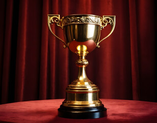 gold trophy cup on the stage, Golden trophy displayed on a velvet pedestal with dramatic lighting and metallic reflections.