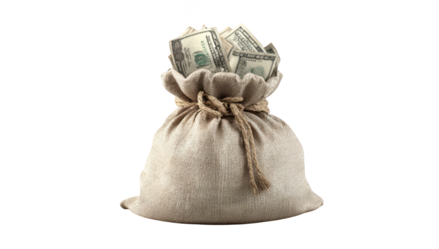 Bag overflowing with American dollars, knotted closure, isolated black background