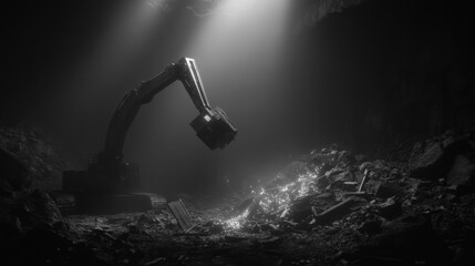 Mysterious excavator in luminous junkyard