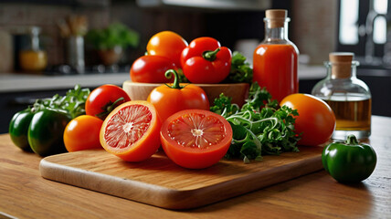 Fresh red tomatoes green peppers sliced orange and herbs with oil image