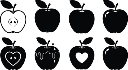Apple fruit silhouette vector set, whole and sliced apples, dripping juice, heart core shapes, black icons, isolated on white background