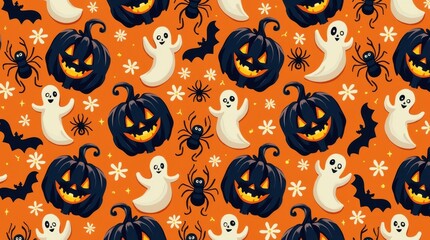 halloween themed orange pattern with pumpkins, ghosts, bats
