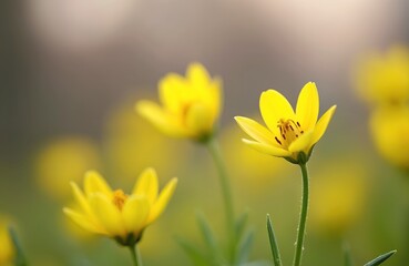 Obraz premium Bright yellow rape blossoms in full bloom. Spring plants create vibrant natural landscape, showcasing nature beauty and agricultural bounty. Soft focus background highlights delicate petals and stems.