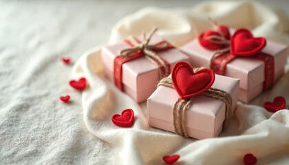 Three light pink gift boxes tied with twine, red ribbon, adorned with plush red hearts. Set on soft white fabric, scattered with small red hearts, creating romantic, cozy aesthetic for special