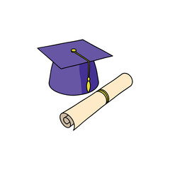 Square academic cap and scroll on a white background. Color stylized illustration. Vector graphics.
