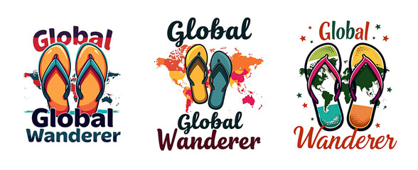 Three illustrations featuring pairs of flip flops with world map elements and text transparent background