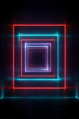 Fototapeta premium Abstract glowing tunnel with red, cyan, and purple square frames receding into the darkness, creating depth.