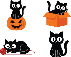 Four cute black cats in different poses with pumpkin, yarn, and box, adorable cartoon vector illustration for Halloween and pet design