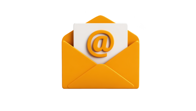 Orange open mail with "@" symbol on a white card. Shows a 3D rendered digital icon
