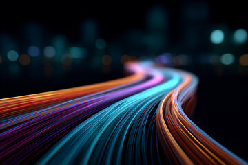 Abstract glowing lines curve against a blurred city background, suggesting flow, connection, and modern technology.