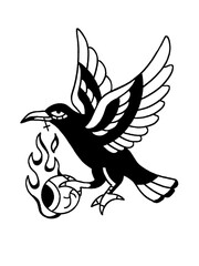 Flying raven holding a flaming eyeball, vintage tattoo illustration