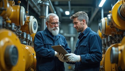 Marine engineers analyze technical data, inspect equipment in vessel engine room. Pro ship maintenance teamwork, performance, assessment, navigation. Maritime tech expertise in repair, monitoring.