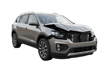 Obraz premium Damaged SUV with significant front-end collision damage, highlighting accident impact and insurance claim scenarios for automotive industries and insurance agencies