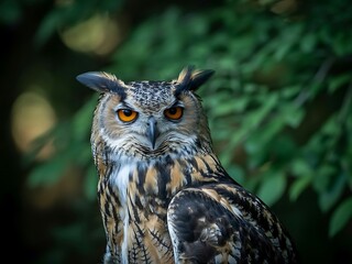 Fototapeta premium Closeup portrait of a majestic owl with bright orange eyes