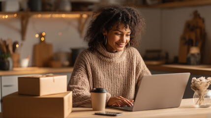 Black woman shopping online at home with packages and laptop.