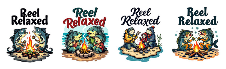 Stylized fish characters and a child enjoying a campfire cartoon family transparent background