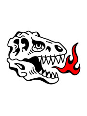 A hand-drawn illustration of a dinosaur skull with red flames coming from its mouth