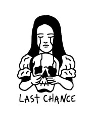 A crying woman holding a human skull with 