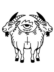 Surreal illustration of a two-headed goat with a third eye and an inverted cross