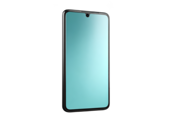 Sleek smartphone with teal screen, black frame, angled against a solid black background