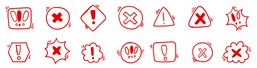 Exclamation caution doodle sign sketch illustration. Dangerous warning safety notification in minimalistic simple style collection set. © Alina Nikitaeva