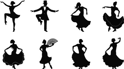 Set of flamenco dance silhouettes showing elegant male and female dancers with traditional costumes and poses, perfect for cultural, dance, and art projects