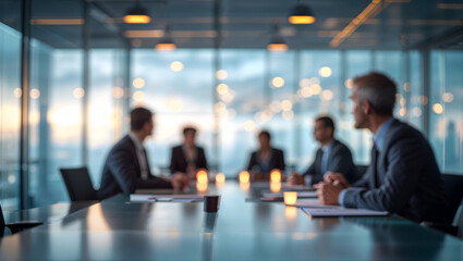A group of business people are having a meeting in a modern office conference room with a large window view