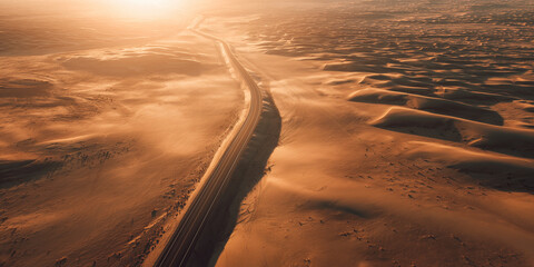 desert highway at sunset with long shadows aerial view