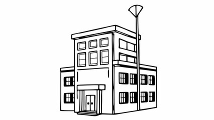 Fototapeta premium Illustration of a two story building with windows and a street lamp in black and white line drawing
