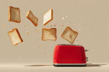 Flying toast: pieces of bread float above a red toaster, creating a dynamic and appetizing breakfast scene.